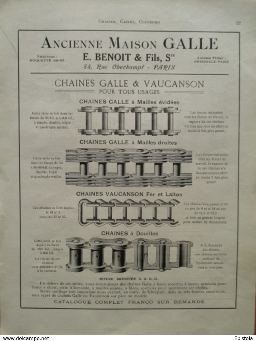 CHAINES Galle & Vaucanson  - Page De 1925 Catalogue Sciences & Tech. (Dims. Standard 22 X 30 Cm) - Andere Geräte