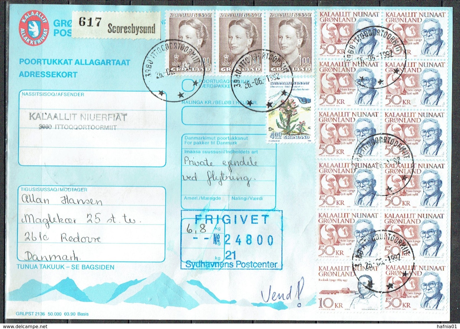 Czeslaw Slania. Greenland 1992. Parcel Card. Parcel Sent From Scoresbysund To Denmark. - Colis Postaux