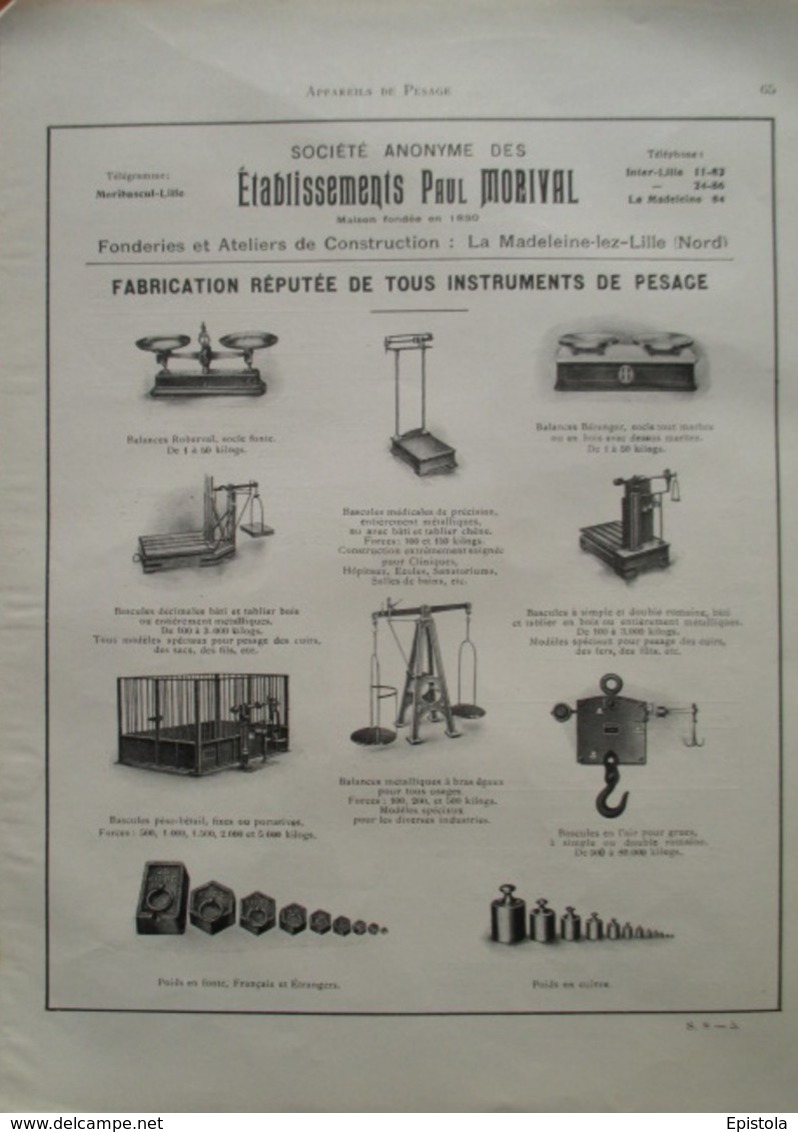 Instruments De Pesage Ets Paul MORIVAL  La Madeleine Lez Lille  - Page Catalogue Technique De 1925 (Dims Env 22 X 30 Cm) - Andere Geräte