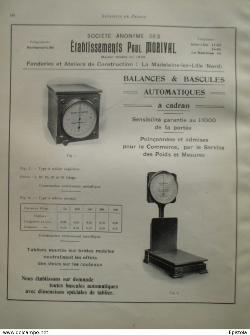 BASCULE De Commerce  Ets Paul MORIVAL  La Madeleine Lez Lille  - Page Catalogue Technique De 1925 (Dims Env 22 X 30 Cm) - Andere Geräte