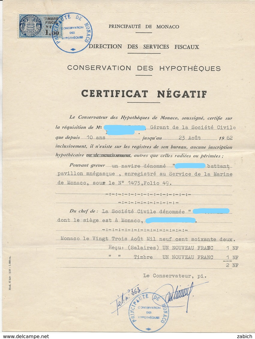 FISCAUX  MONACO SERIE UNIFIEE  N°51 1NF Bleu Certificat Hypotheques 23 Aout 1962 - Revenue