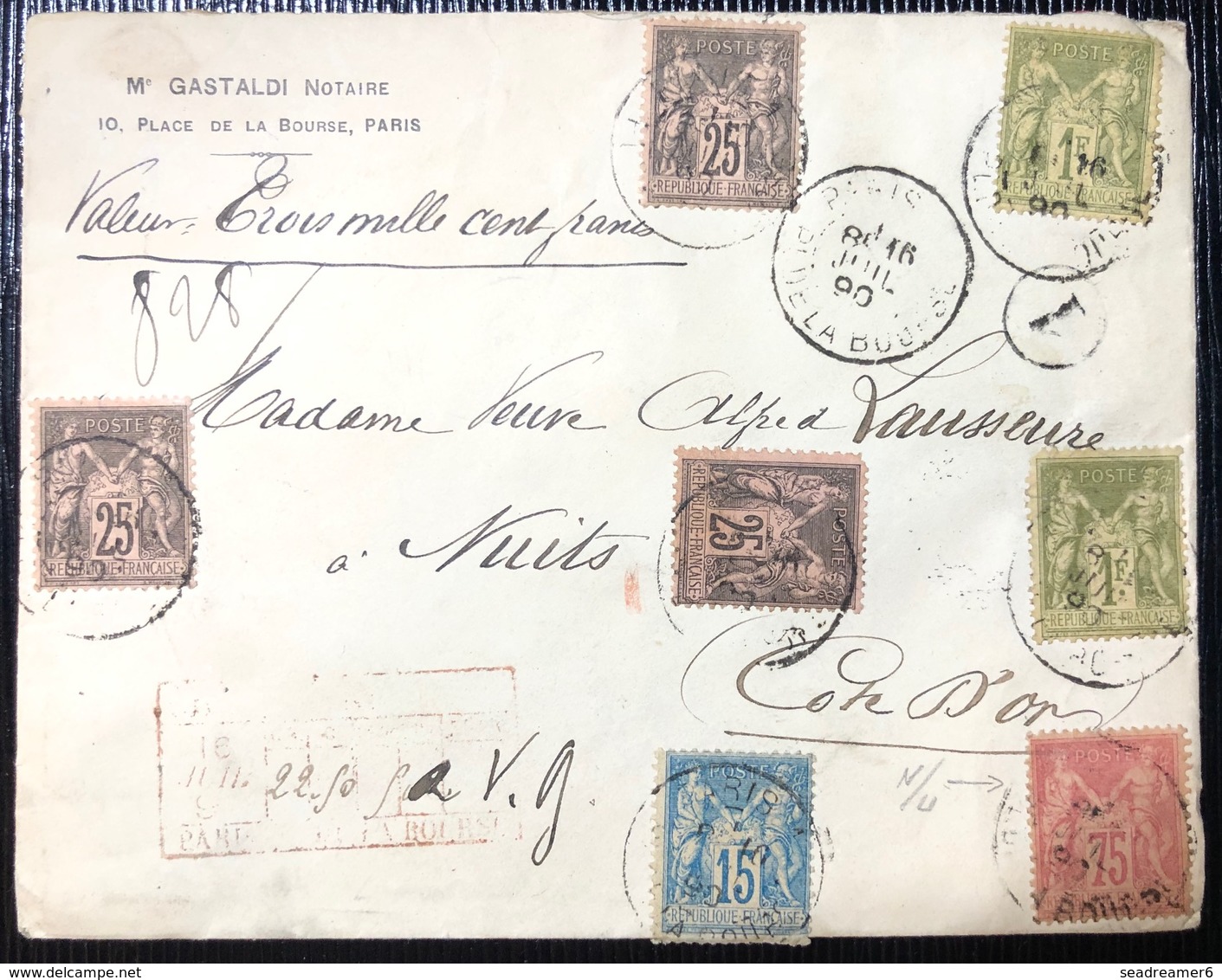 Lettre Chargé En VD De 3500FR Tarif 3fr 65c Quadricolore ! Sage N°81, 82 X2 , 90 & 97 X3 De Paris Pour Nuits RRR ! - 1898-1900 Sage (Type III)