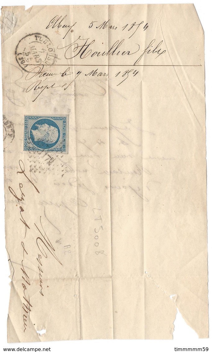 LT5008  N°10/fragment, Oblit PC 1172 Elboeuf, Seine-Inférieure (74) Pour Toulouse (30) Du 5 Mars 1854 - 1852 Louis-Napoléon