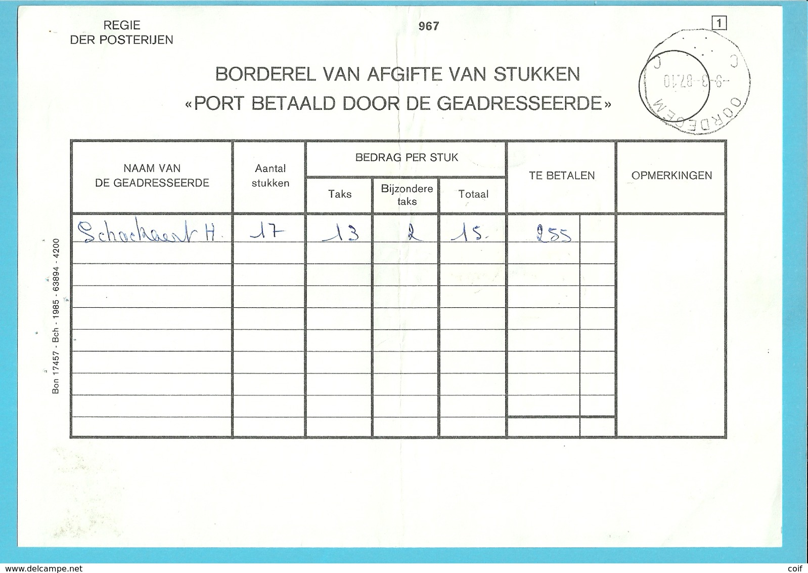 1850+2091+2126+2137+V796+V800 (Preo's) Op BORDEREL VAN AFGIFTE VAN STUKKEN "PORT BETAALD".... Stempel OORDEGEM - Typo Precancels 1967-85 (New Numerals)