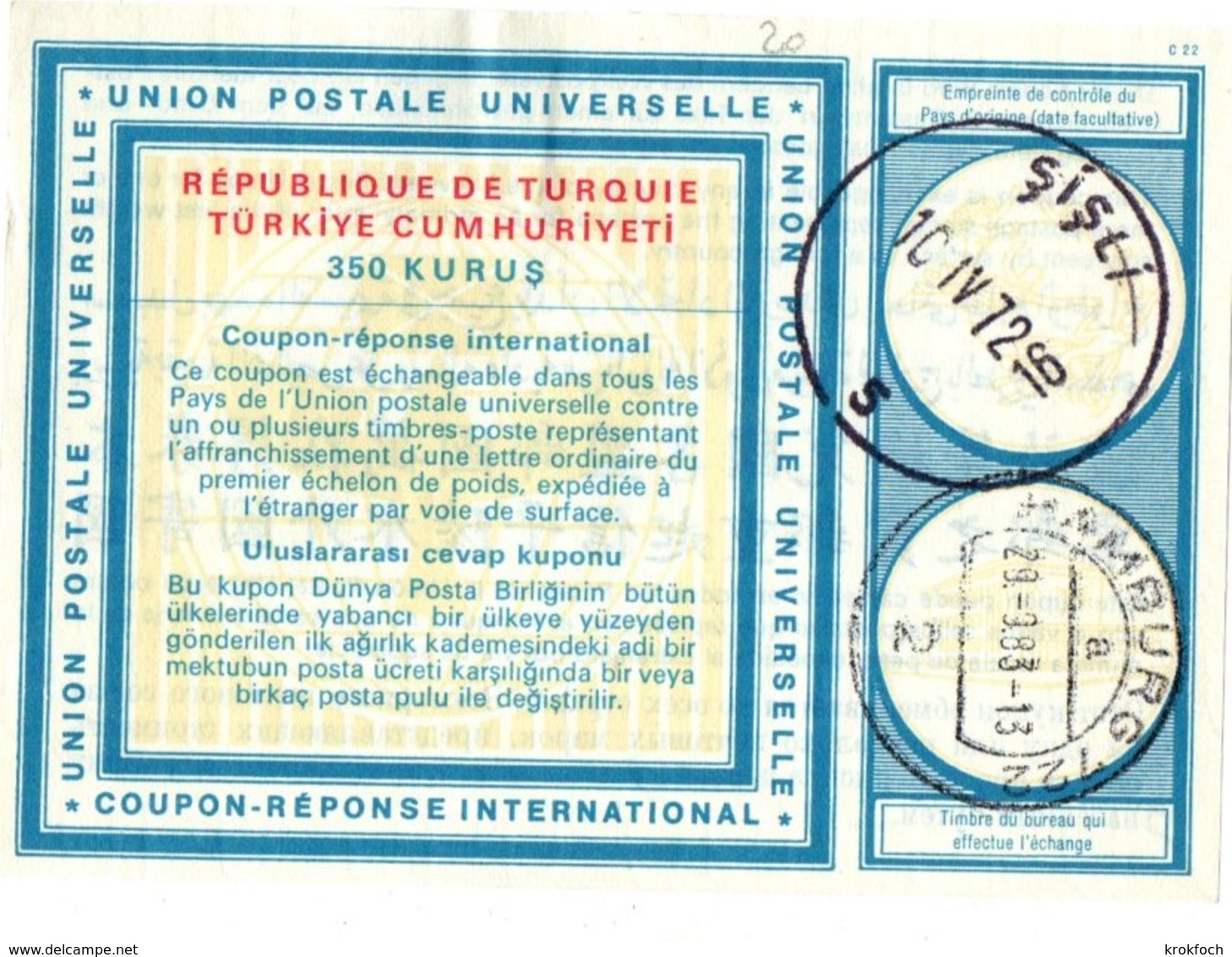 Coupon-réponse Turquie - 350 Kurus - Modèle Vienne 20 - IAS IRC CRI - Sisli 1972 Hamburg - Entiers Postaux