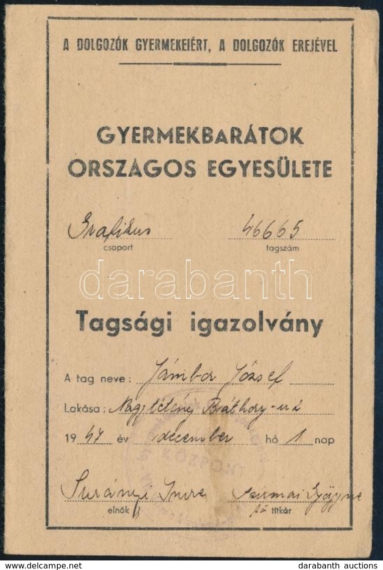 1947 Gyermekbarátok Országos Egyesületének Grafikus Csoportjának Tagsági Igazolványa Jámbor József Géza (1908-?) Kémigrá - Non Classés