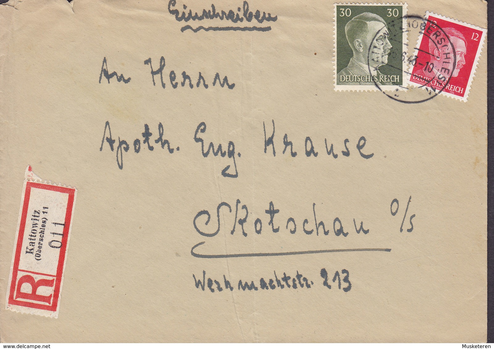 Poland Vorlaüfer Deutsches Reich Einschreiben Label KATTOWITZ (Oberschlesien) 15.6.1943 Cover Brief SKOTSCHAU Skoczów - Otros & Sin Clasificación
