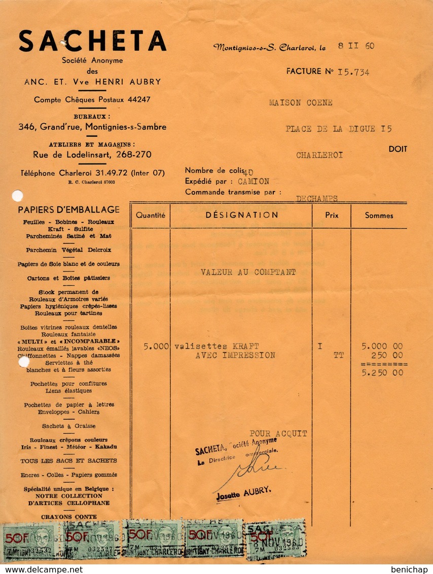 SACHETA - PAPIER D'EMBALLAGE - CARTONS - PARCHEMIN - MONTIGNIES-SUR-SAMBRE - 08 NOVEMBRE 1960. - Imprimerie & Papeterie