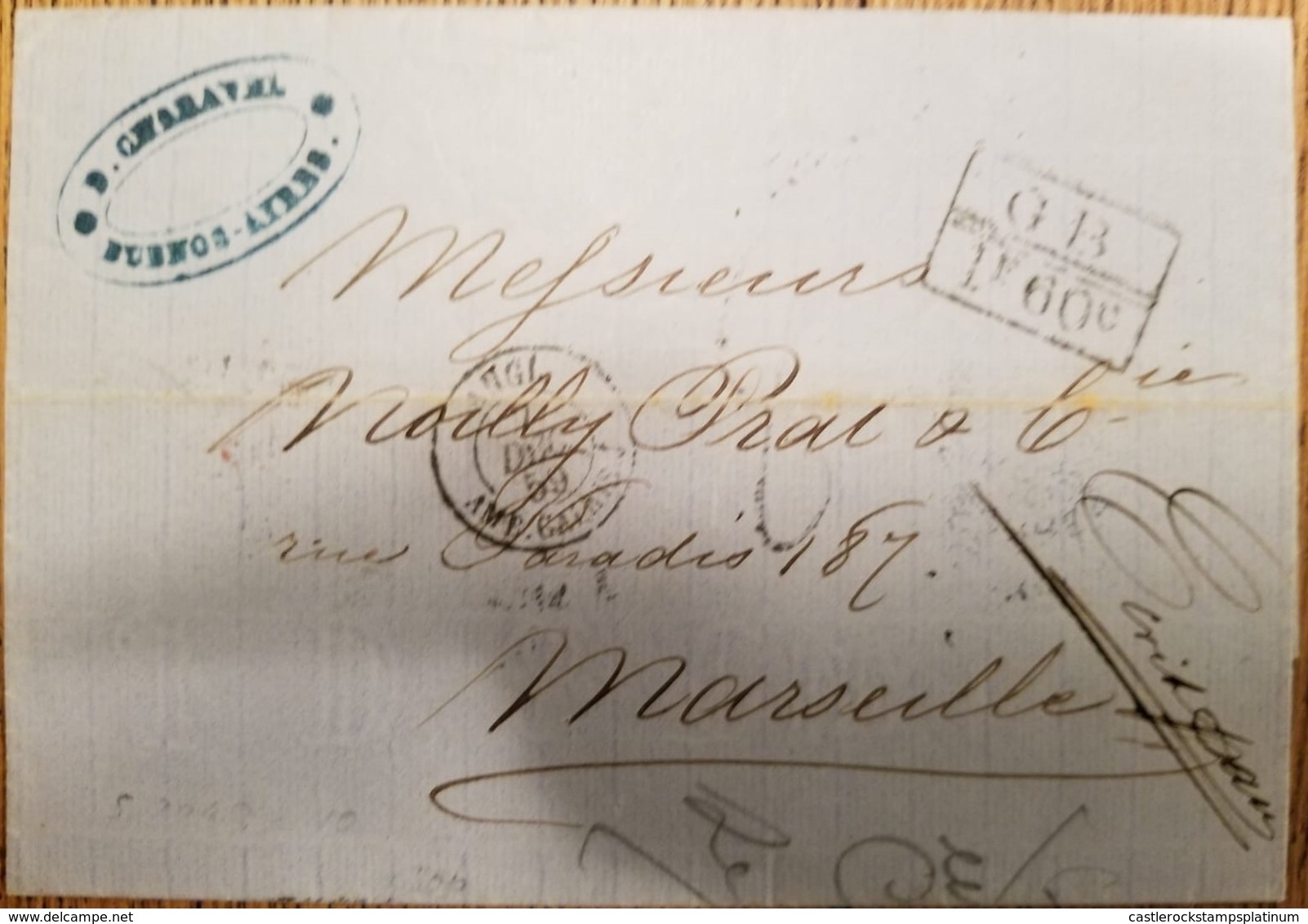 O) 1859 ARGENTINA - BUENOS AYRES, PREPHILATELY G. B.  - MARITIME MAIL - CALAIS, RATE MANUSCRIPT, TO MARSEILLE, XF - Brieven En Documenten