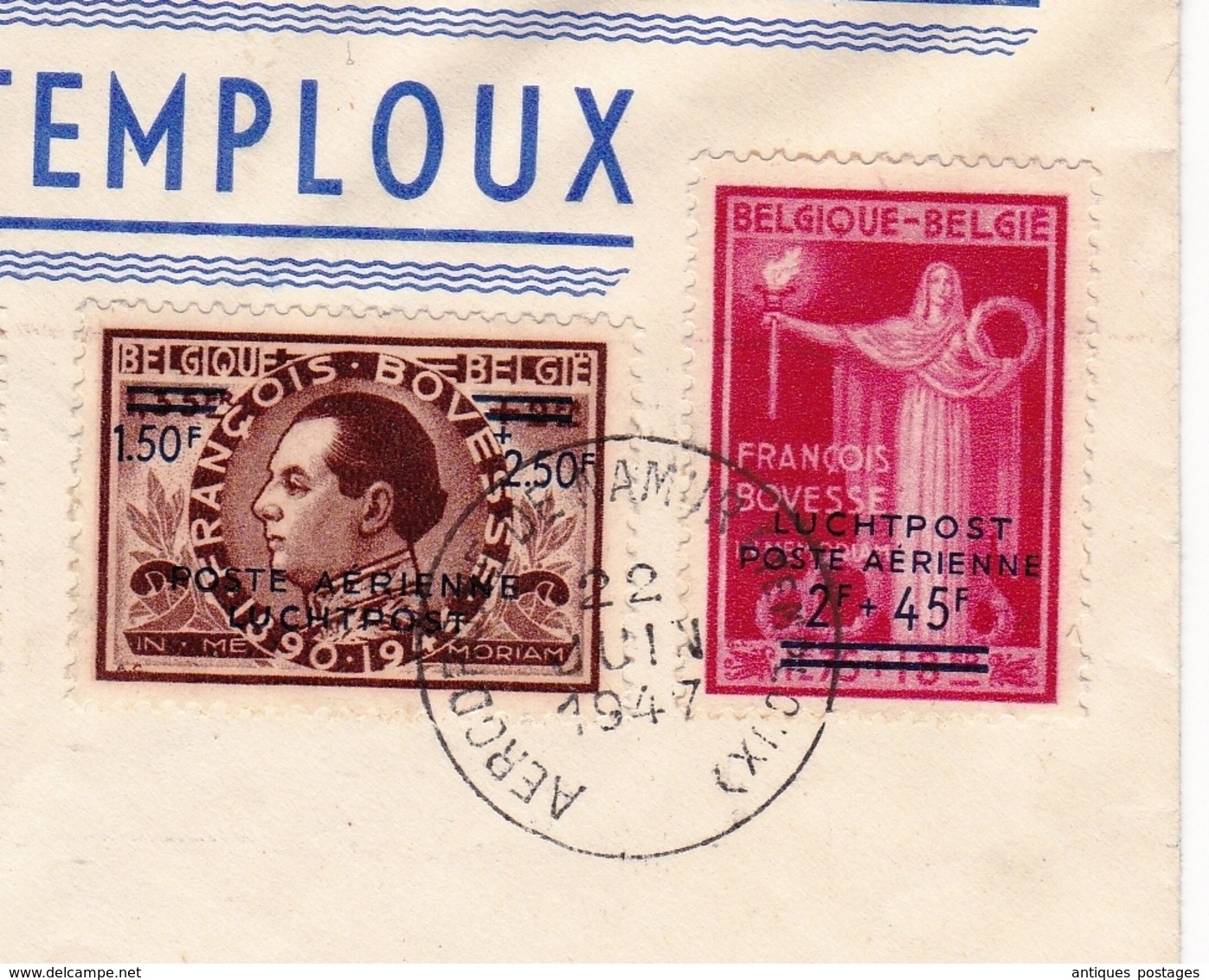 Lettre 1947 Inauguration Aérodrome Namur Temploux Poste Aérienne François Bovesse - Covers & Documents