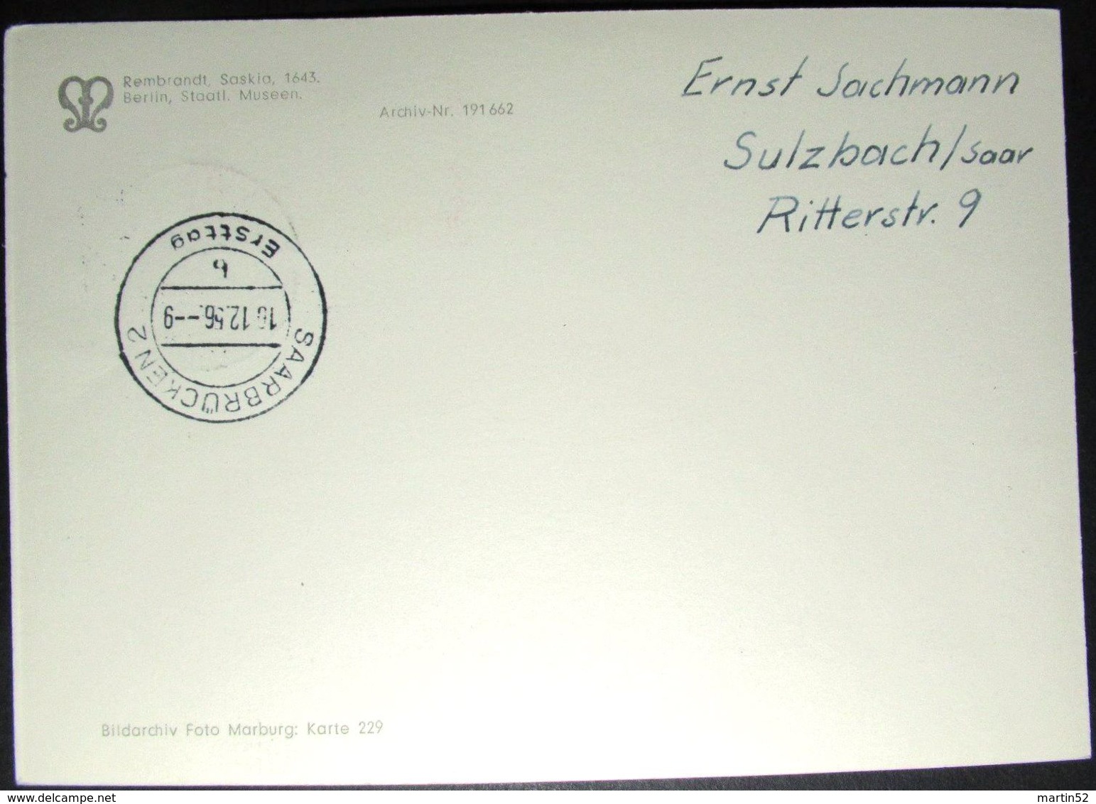 Saar 1956: Rembrandt Van Rijn (1606-1669) "Saskia" (1643) Michel-No.377 Maximumkarte Mit O SAARBRÜCKEN 10.12.56 Ersttag - Maximumkaarten