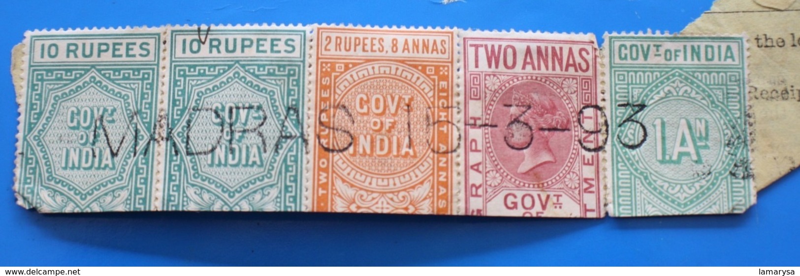 MADRAS 1893 GOVERNMENT OF INDIA Tax 5 Stamps Service Ex English Colony Cancellation Stamp-Timbre Fiscal Service - 1854 Britse Indische Compagnie