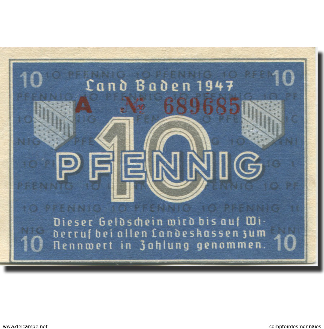 Billet, Allemagne, Baden, 10 Pfennig, 1947, KM:S1002a, SPL - Andere & Zonder Classificatie