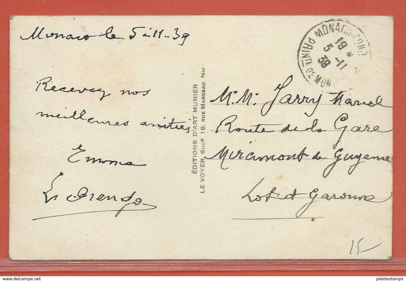MONACO CARTE POSTALE AFFRANCHIE DE 1939 POUR MIRCIMONT FRANCE - Briefe U. Dokumente