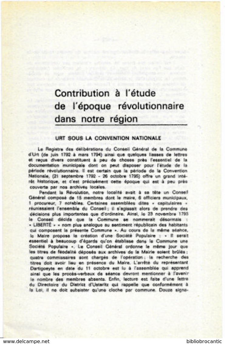 CONTRIBUTION à L'ETUDE De L'EPOQUE REVOLUTIONNAIRE  Au PAYS BASQUE < URT SOUS LA CONVENTION - Pays Basque