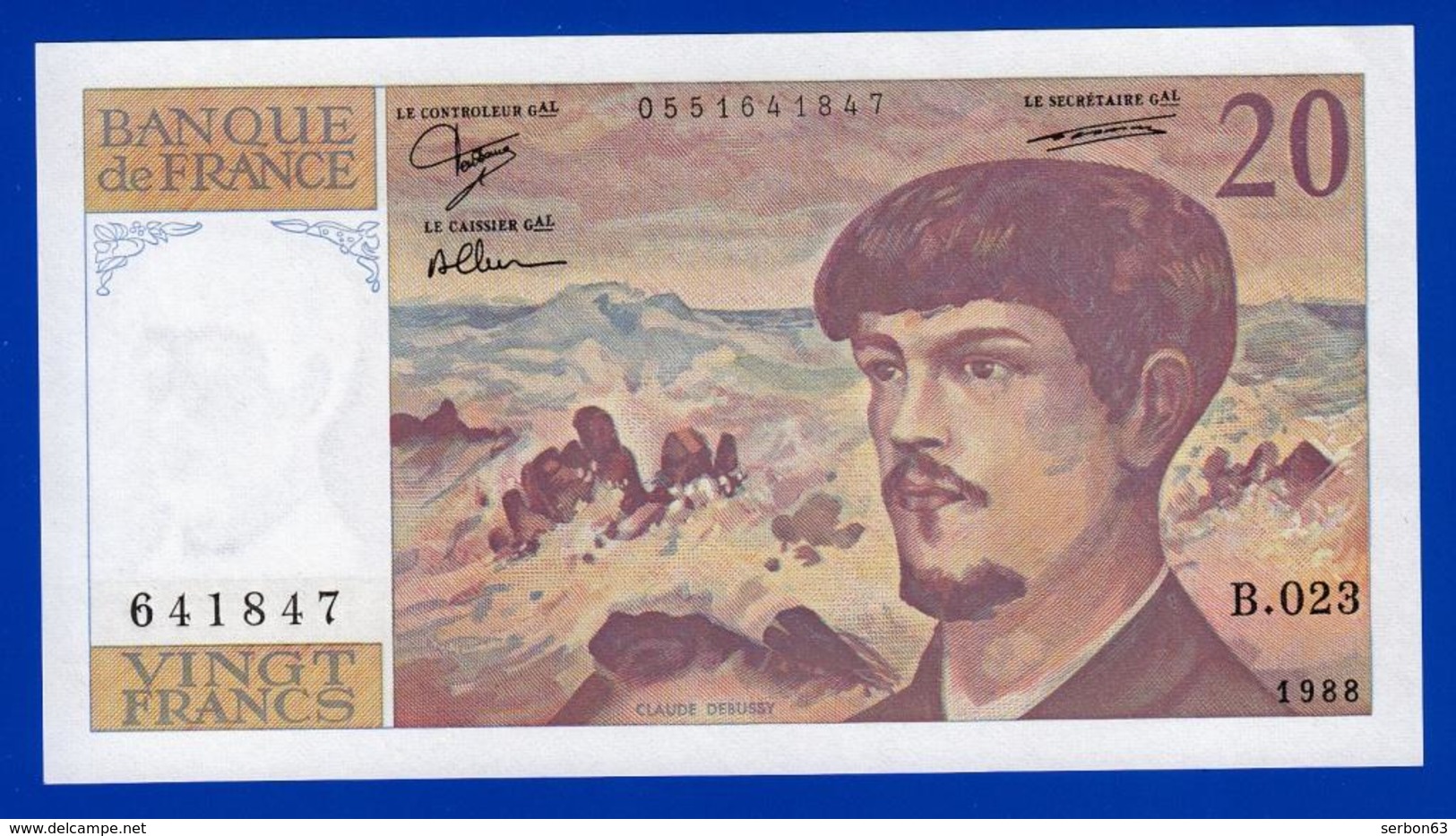 20 FRANCS DEBUSSY NEUF PAS DE TROU B.023 N° 641847 ANNÉE 1988 - 2 SCAN - Serbon63 - 20 F 1980-1997 ''Debussy''