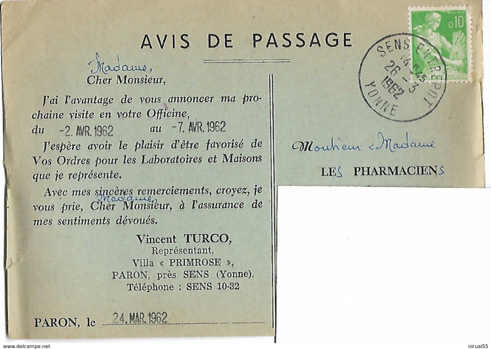 89 PARON Avis De Passage Laboratoire Pharmacie     ....G - Paron