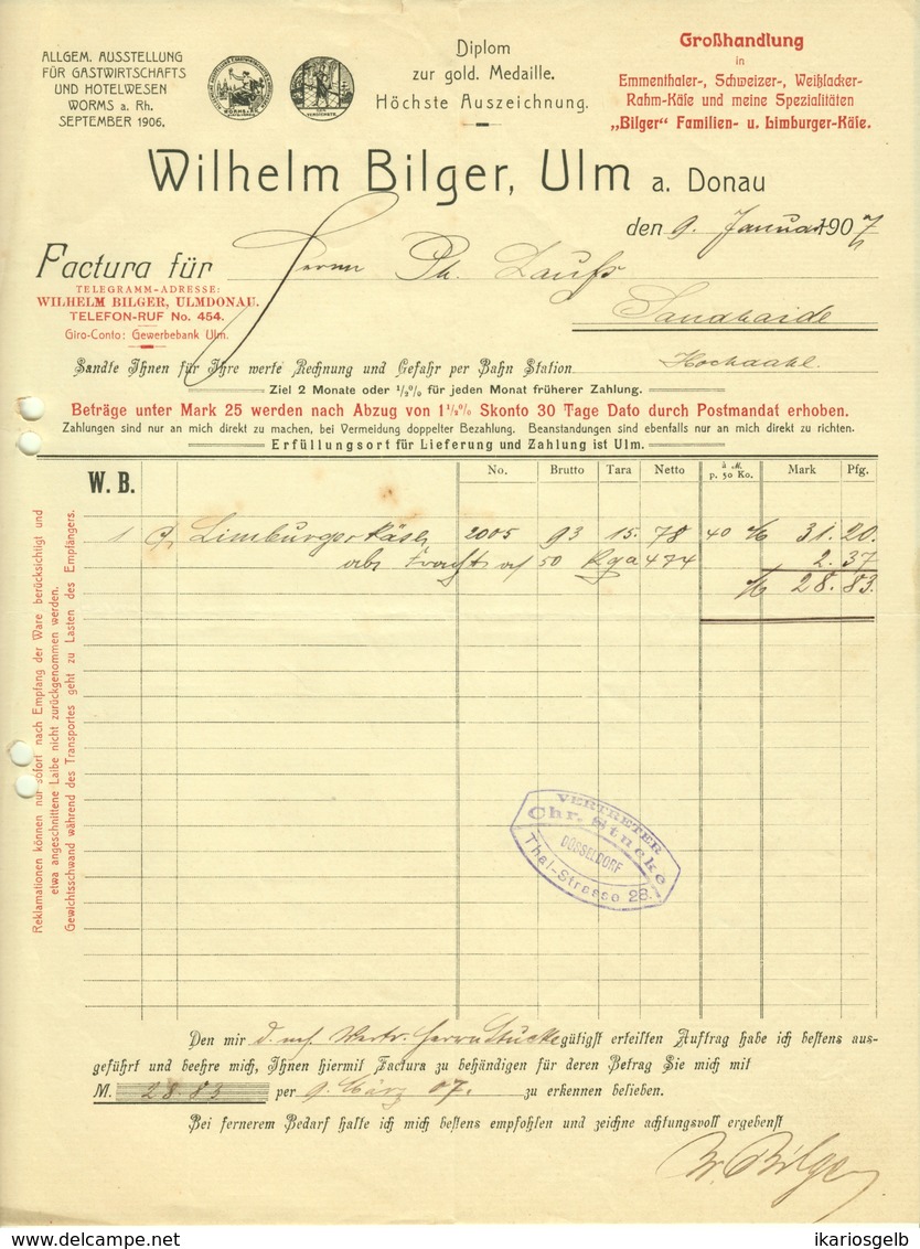 ULM Donau 1907 Rechnung Deko " Wilhelm Bilger - Käsegroßhandlung " - Alimentare