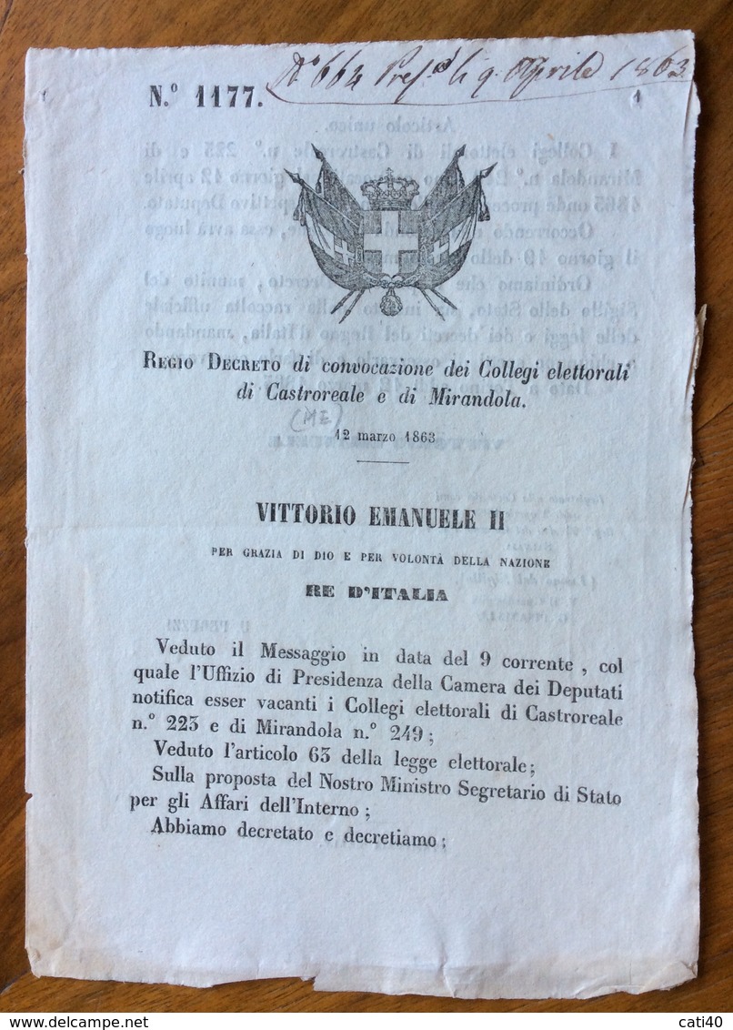 CASTROREALE E MIRANDOLA - REGIO DECRETO Del 12/3/1863 ( ORIGINALE) Sulla ." CONVOCAZIONE DEI COLLEGI ELETTORALI " - Décrets & Lois