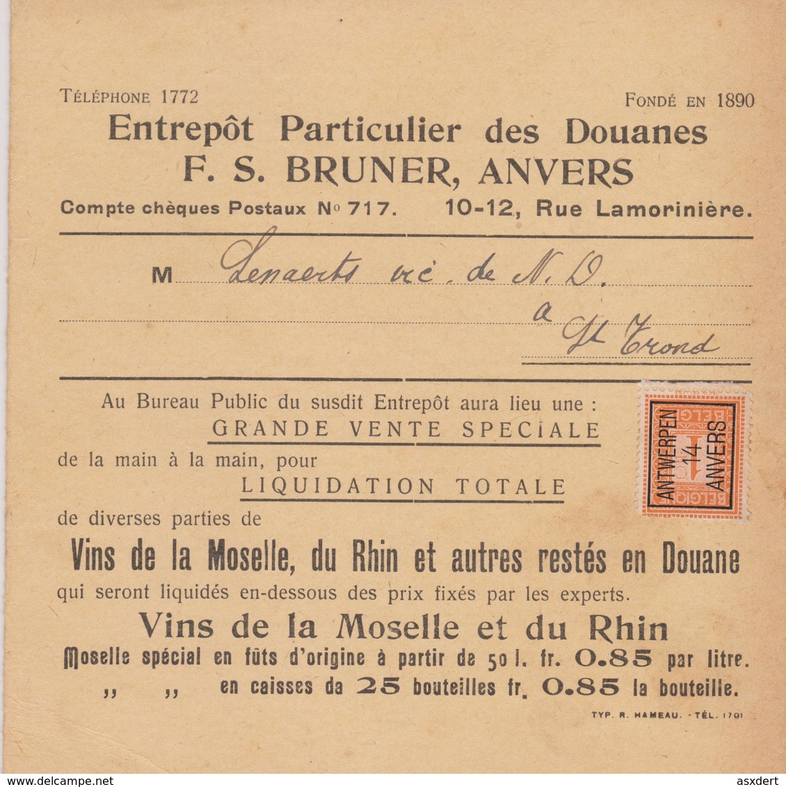 Préo 44 B Anvers 14 Antwerpen Drukw. Des Douanes - Vente Spéciale De Vins Vers St.Trond - St.Truiden - Typos 1912-14 (Löwe)