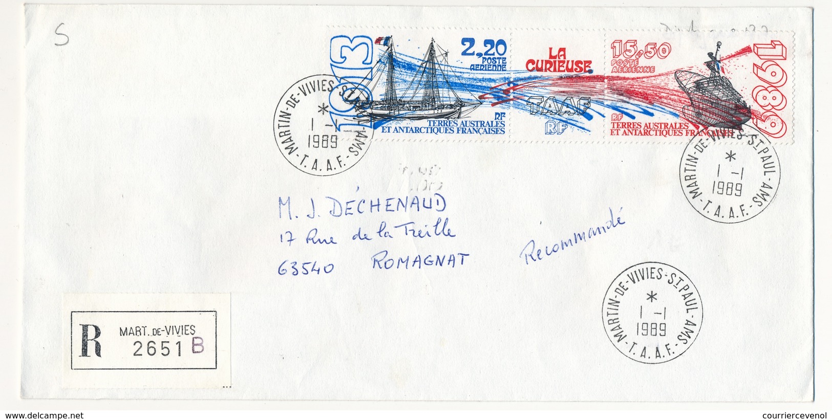 TAAF - Enveloppe Affr. 2,20 Et 15,50 Poste Aérienne "La Curieuse" - Martin De Vivies St-Paul - 1-1-1989 - Briefe U. Dokumente