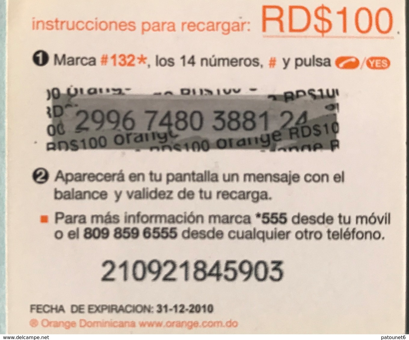 DOMINICAINE  -  Recharge ORANGE  -  RD$100 - Dominicana