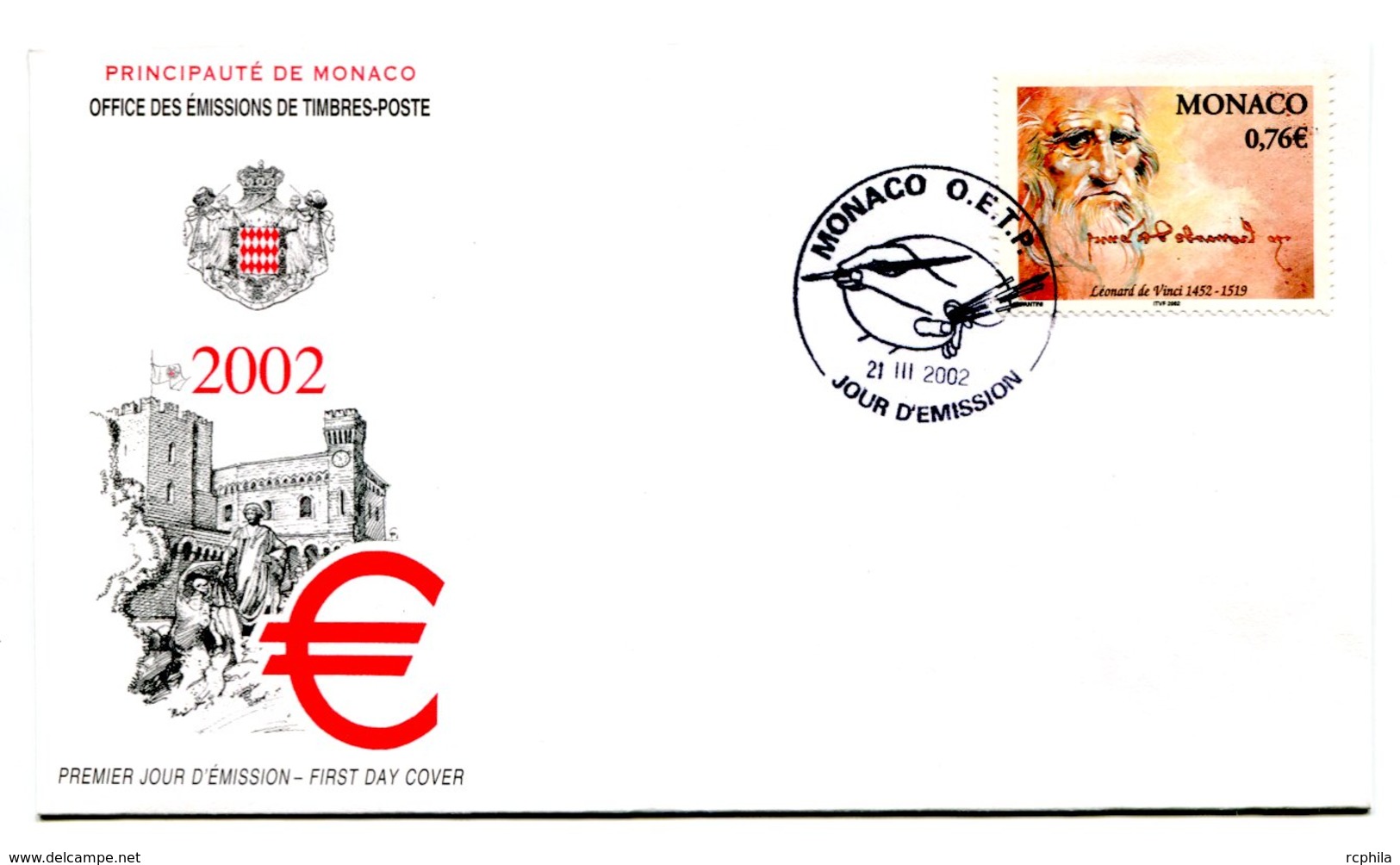 RC 16221 MONACO 2002 LEONARD DE VINCI FDC 1er JOUR TB - FDC