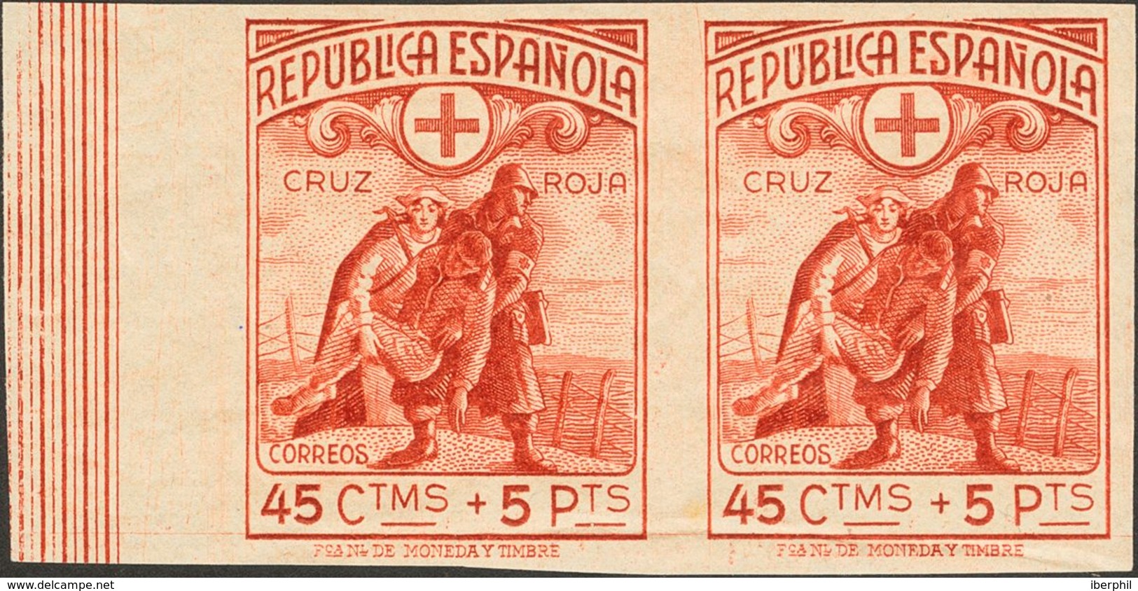 45 Cts+5 Pts Rojo, Pareja, Borde De Hoja. SIN DENTAR. MAGNIFICA. (Edifil 2020: 470€) - Autres & Non Classés