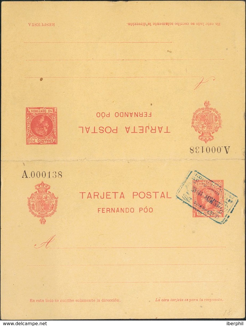 10 Cts + 10 Cts Carmín Sobre Tarjeta Entero Postal (ida Y Vuelta), La Ida Con Matasello CORREOS / STA. ISABEL, En Azul.  - Autres & Non Classés