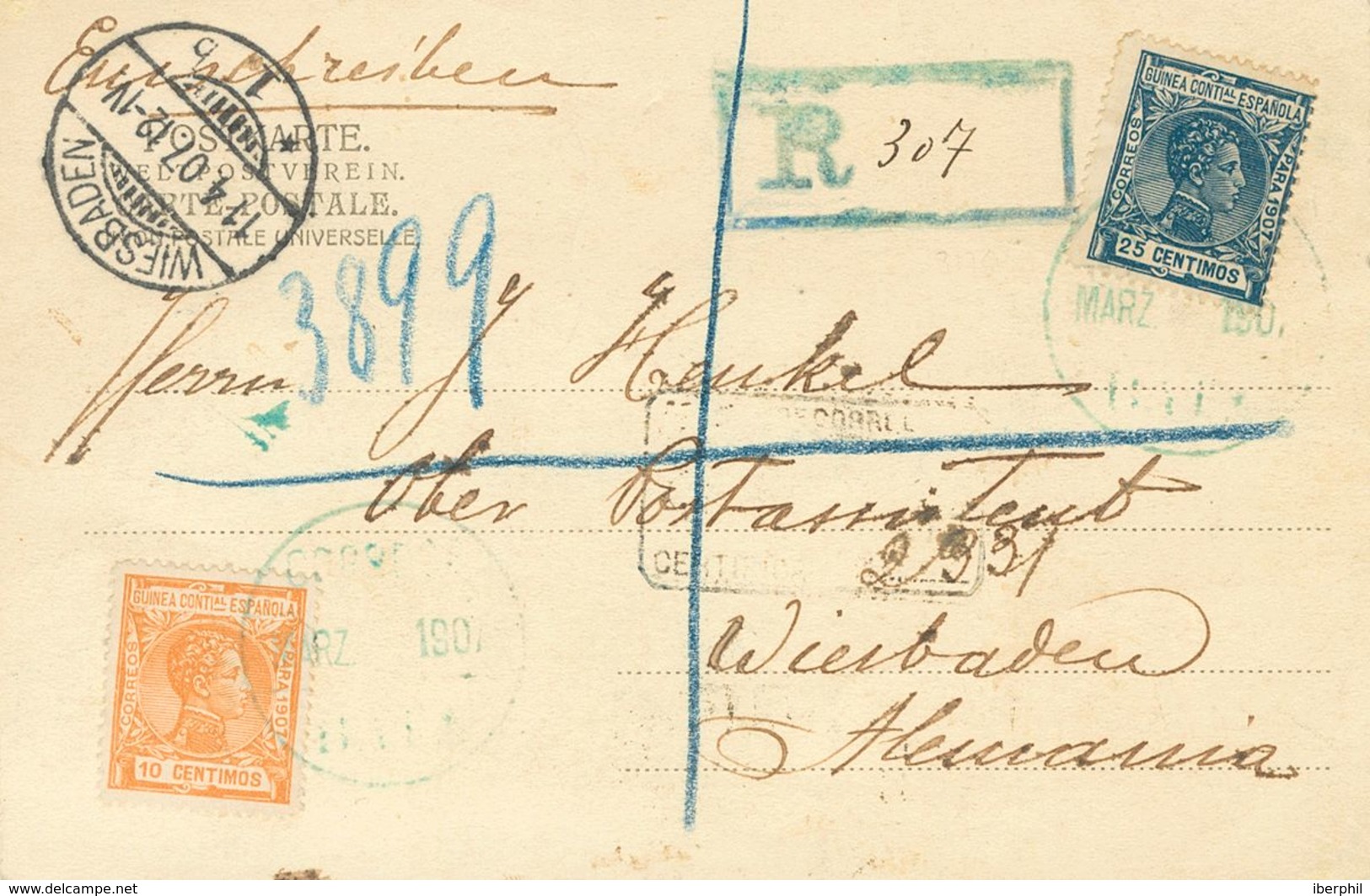 1907. 10 Cts Naranja Y 25 Cts Azul. Tarjeta Postal Certificada De BATA A WIESBADEN (ALEMANIA). En El Frente Llegada. MAG - Autres & Non Classés