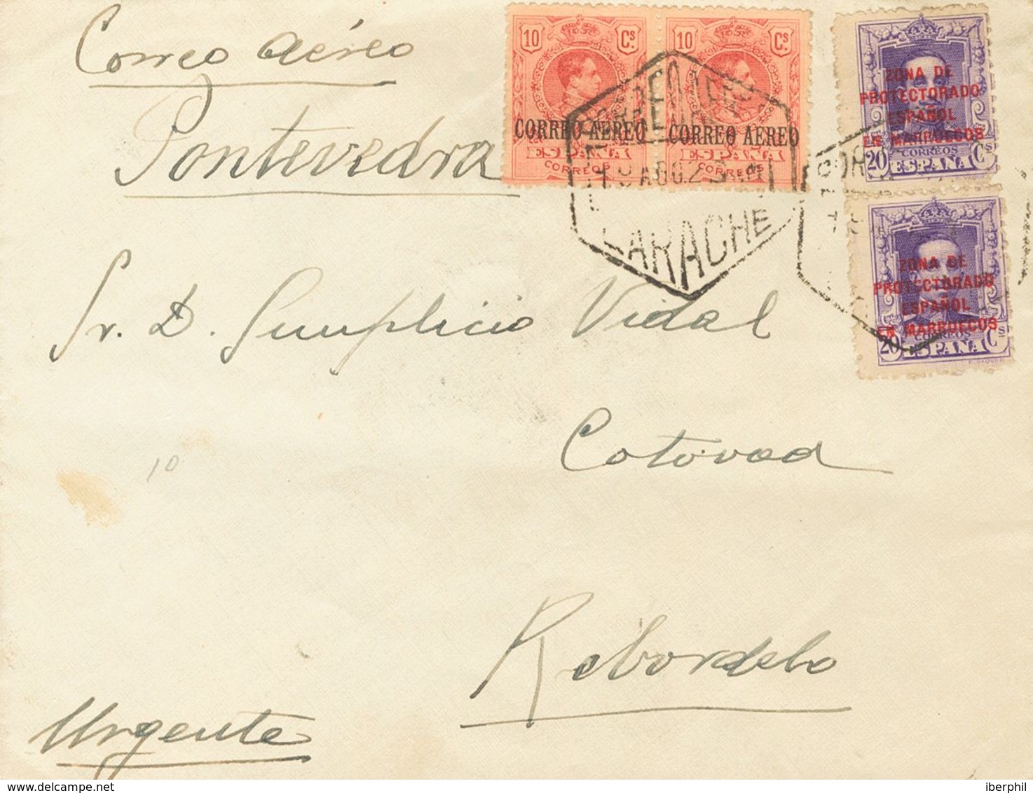 1923. 20 Cts Violeta, Dos Sellos Y 10 Cts Rojo, Dos Sellos De España. Correo Aéreo De LARACHE A REBORDELO (PONTEVEDRA).  - Autres & Non Classés