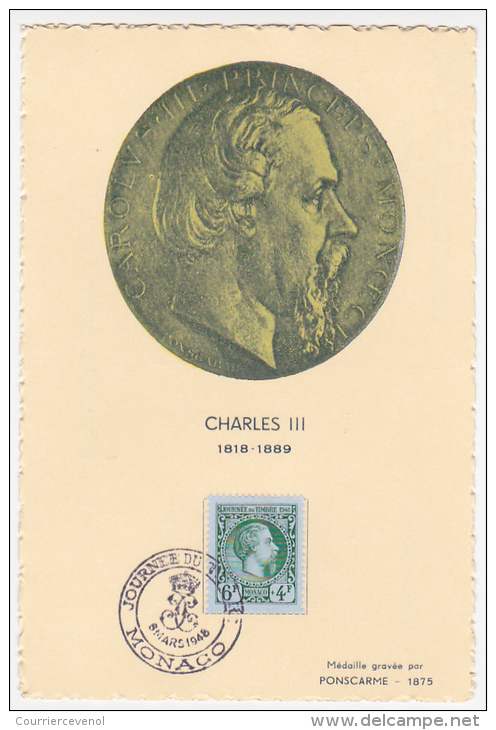 MONACO => Carte Maximum => CHARLES III - Journée Du Timbre 1948 - Cartoline Maximum