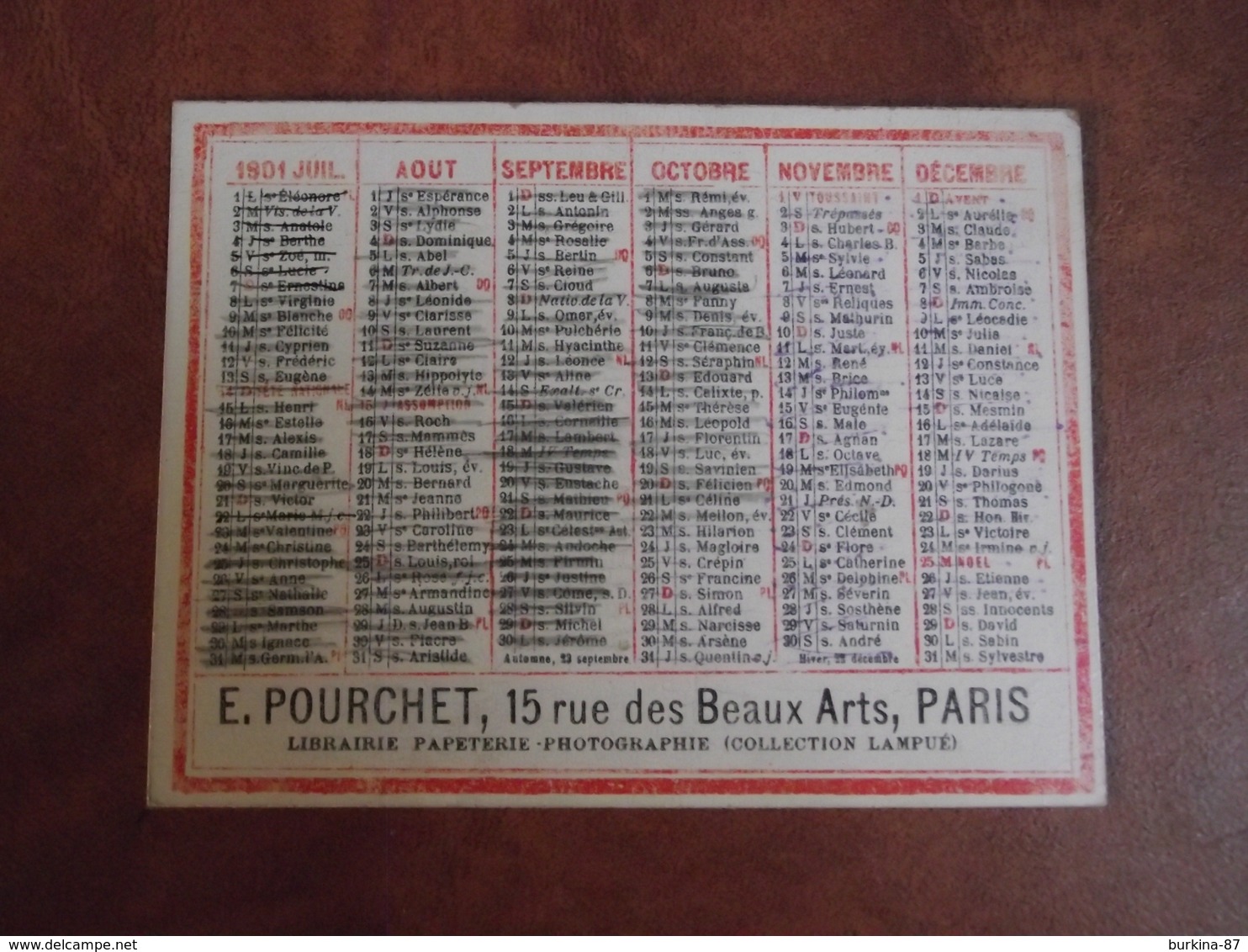 Calendrier, 1901, E Pourchet Paris, Librairie , Type Recto Verso - Petit Format : 1901-20