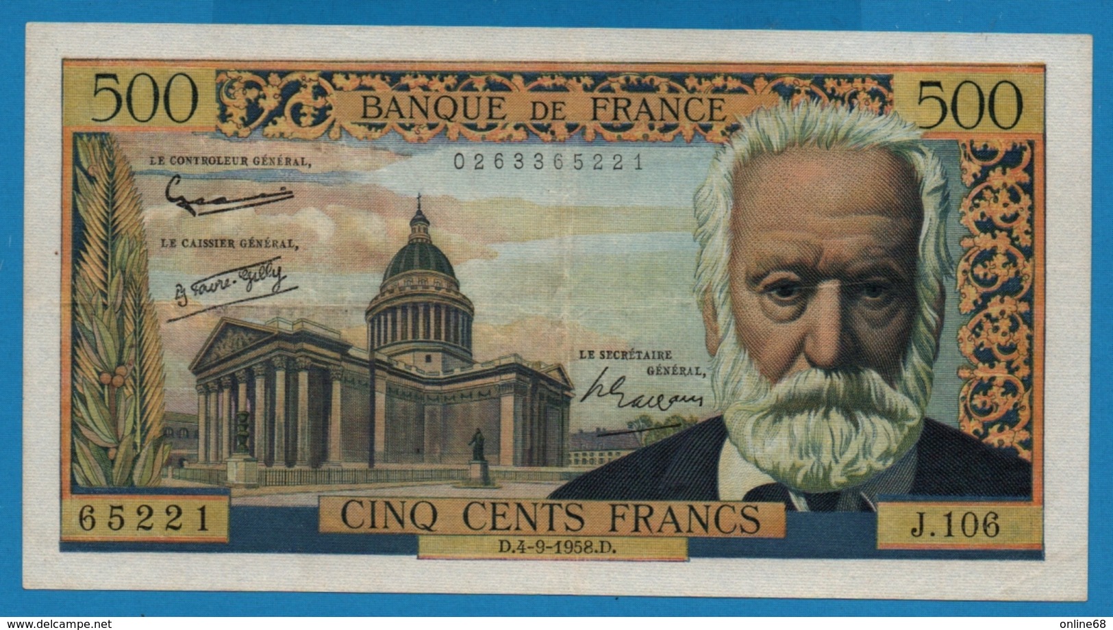 FRANCE 500 Francs 4.9.1958 ''Victor Hugo''		# J.106  65221 - 500 F 1954-1958 ''Victor Hugo''