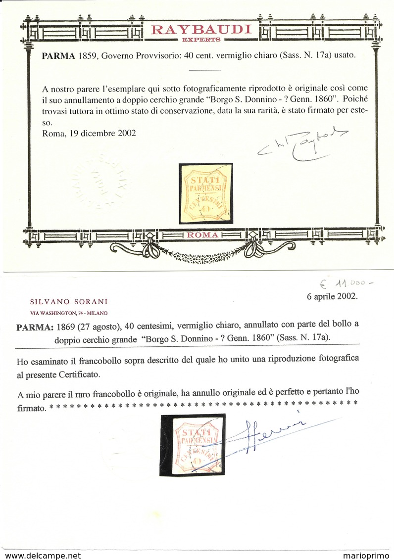 Parma Governo Provvisorio 40 C. Vermiglio Chiaro Usato (Certificato Raybaudi, Sorani) Sassone N.17a - Parma