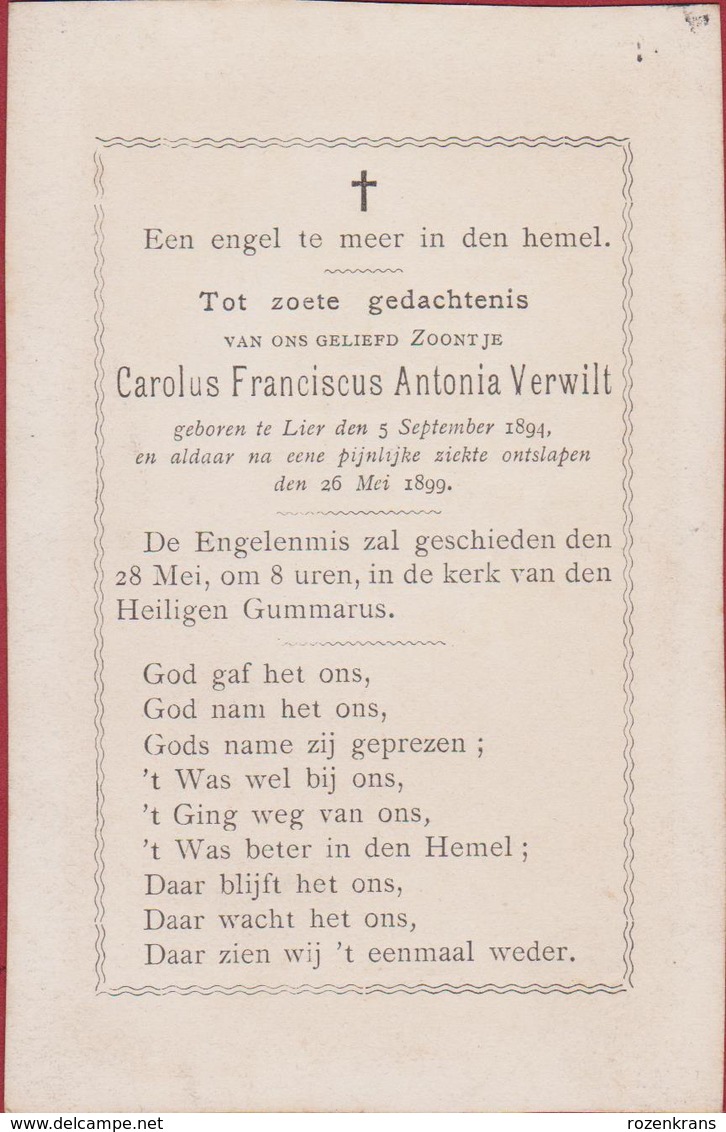 Carolus Verwilt Lier Engelenmis Zoontje Kind Enfant Garcon 1899 Turgis Zeer Oud Bidprentje Doodsprentje Image Mortuaire - Lier
