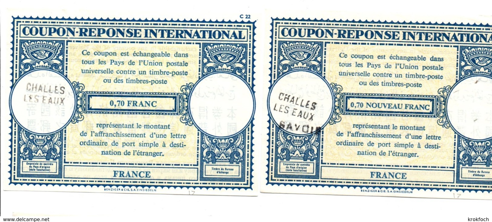 Coupon-réponse France - 2 X 0,70 F Ou Nouveau Franc - Modèle Lo 17 - Challes-les-eaux Savoie - IRC CRI IAS - Coupons-réponse