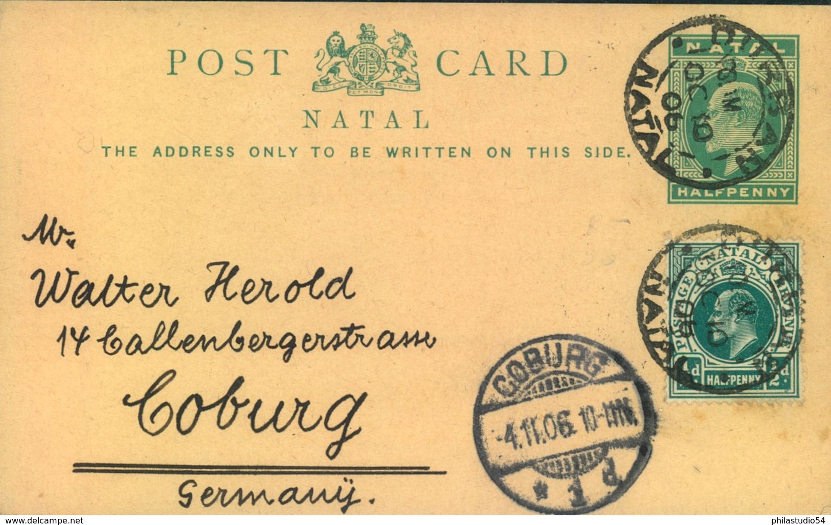 1906, INCOMING MAIL, Ganzsachenkarte Aus DURBAN NATAL" Nach Coburg - Natal (1857-1909)