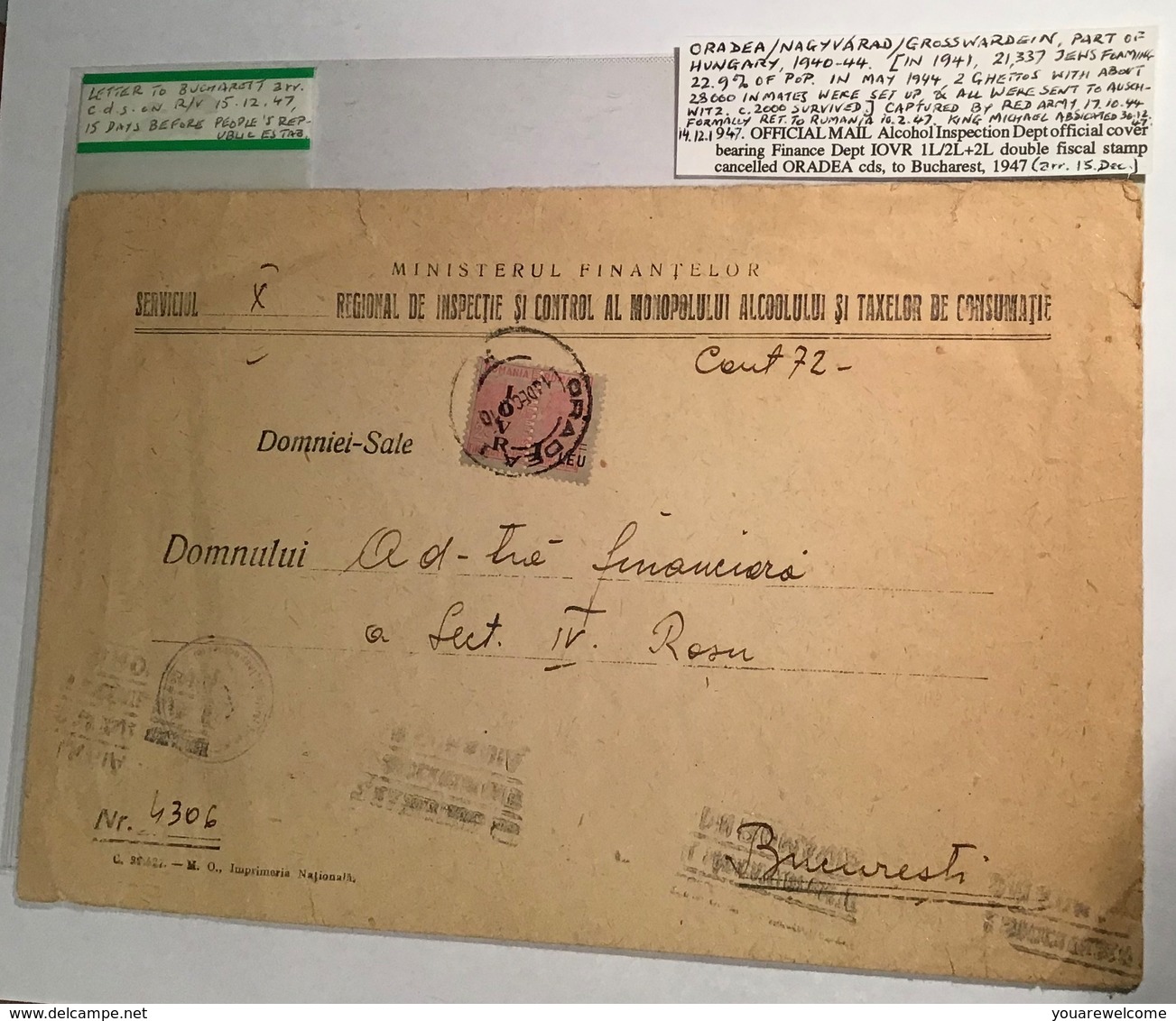 1947 1 Leu IOVR Postal-fiscal Official Cover ORADEA(Alcohol Romania Rumänien Brief Lettre Roumanie Post-Steuermarken - Fiscale Zegels