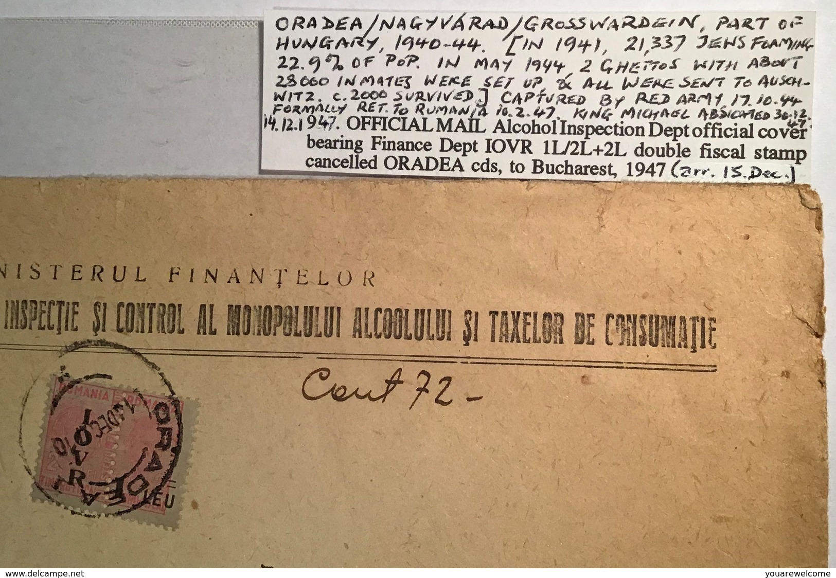 1947 1 Leu IOVR Postal-fiscal Official Cover ORADEA(Alcohol Romania Rumänien Brief Lettre Roumanie Post-Steuermarken - Fiscale Zegels