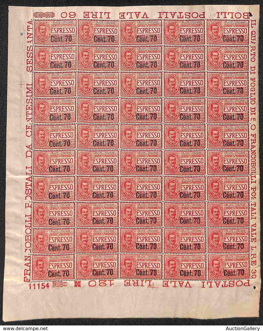 REGNO - ESPRESSI - 1925 - 70 Cent Su 60 (6-espressi) - Intero Foglio Di 50 Con Bordi Integri E Numero Di Tavola 11154 -  - Otros & Sin Clasificación