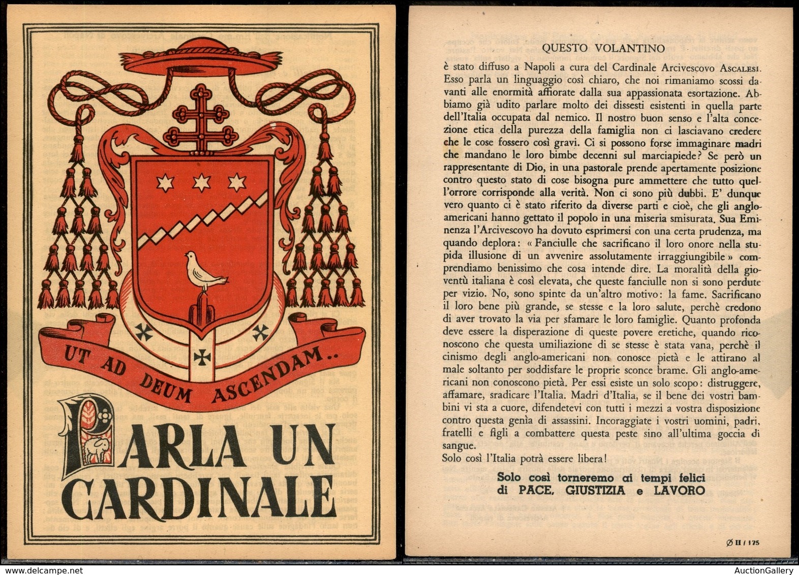 RSI - PROPAGANDA RSI - Parla Un Cardinale - Opuscolo Di Propaganda In Quartino - Napoli 28.8.44 - Otros & Sin Clasificación