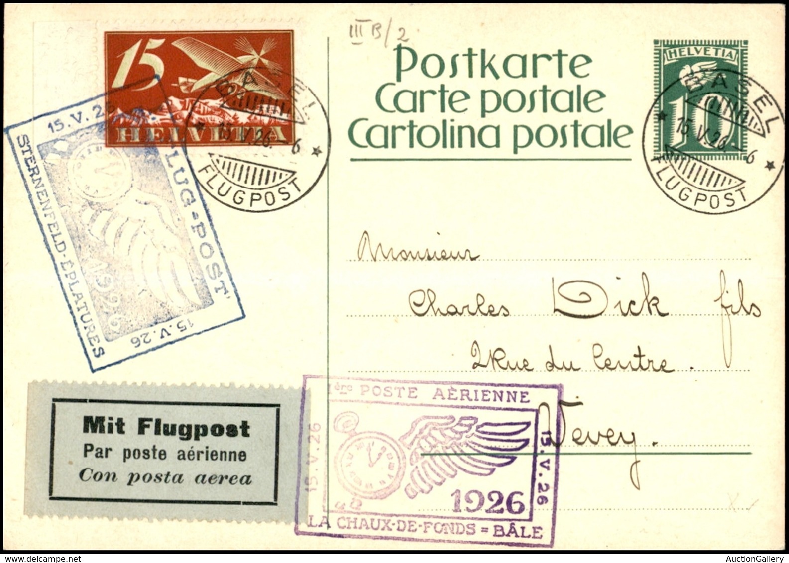 EUROPA - SVIZZERA - AEROGRAMMI - 1926 (15 Maggio) - La Chaux De Fonds Basilea + Sternenfeld Eplatures - Cartolina Postal - Sonstige & Ohne Zuordnung