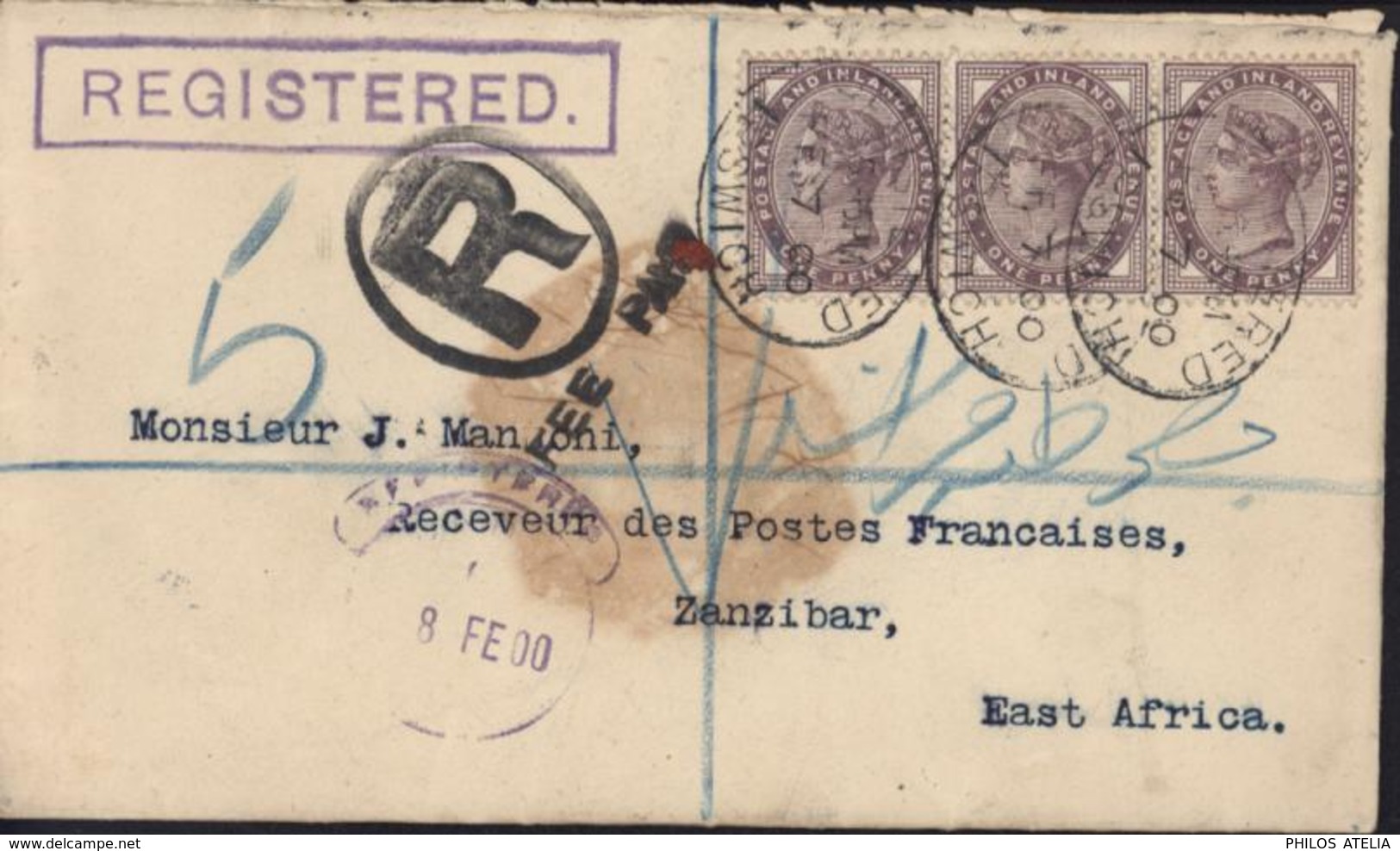 YT 73 Victoria 1 Penny Violet Bande De 3 CAD Oval Registered IPSWICH 7 2 1900 Pour Zanzibar Dos Griffe R Free Paid - Used Stamps