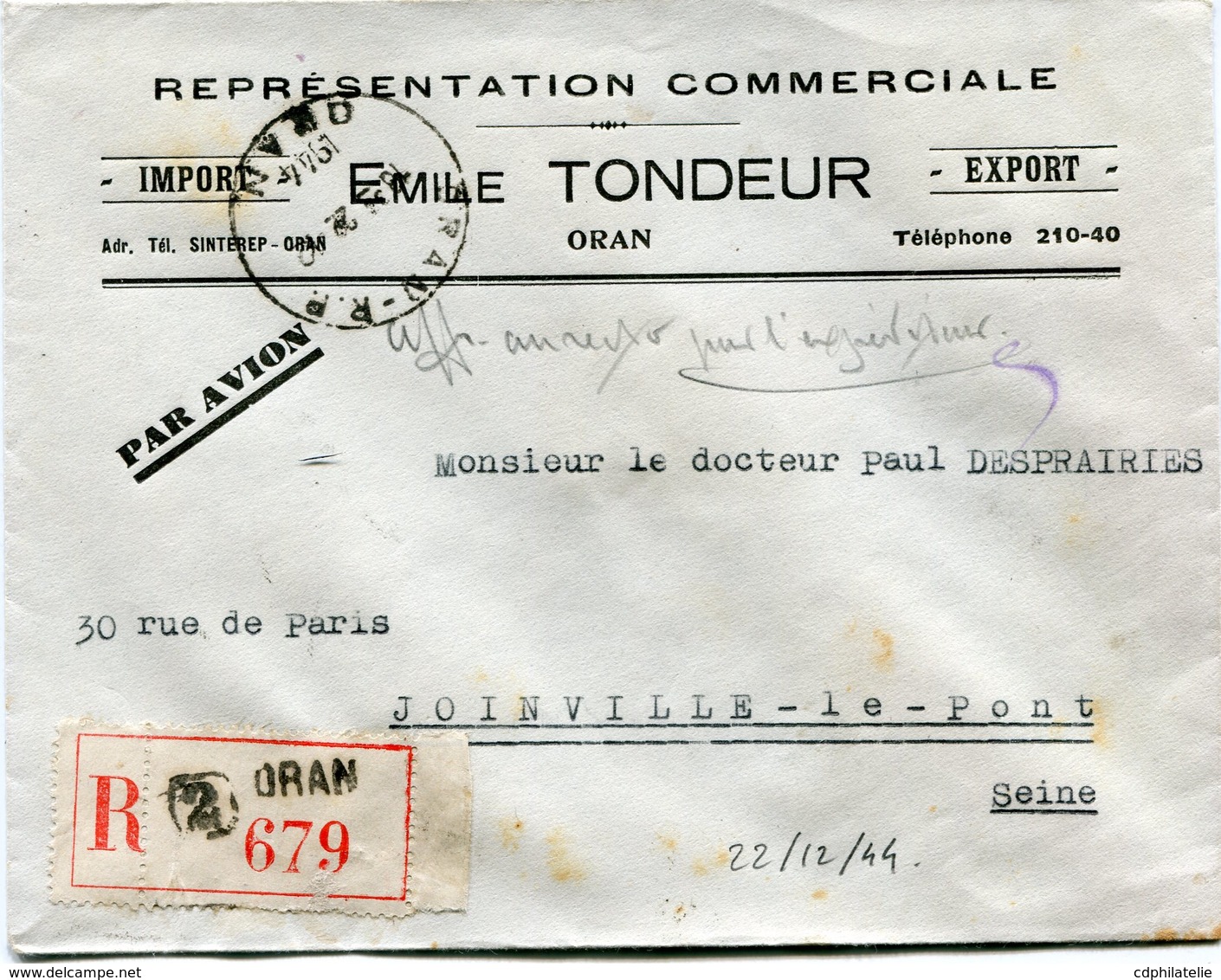 ALGERIE LETTRE RECOMMANDEE PAR AVION A ENTETE COMMERCIALE AVEC AFFRANCHISSEMENT AU DOS DEPART ORAN 22-12-1944 POUR LA... - Covers & Documents