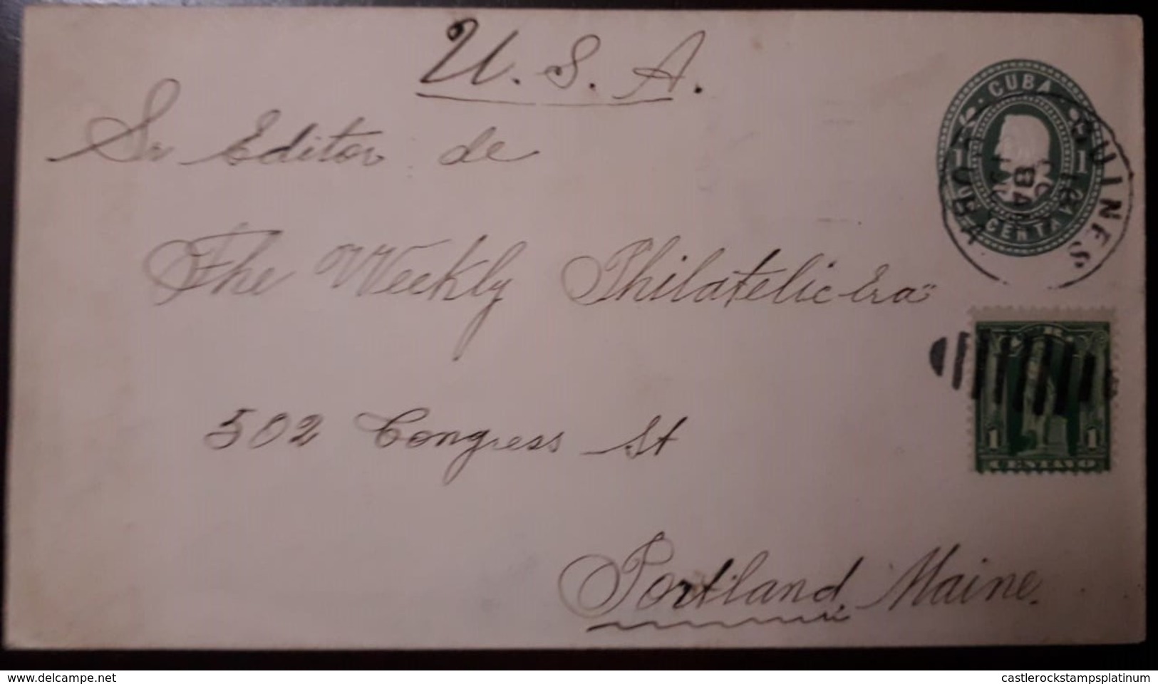 O) 1901 CUBA - SPANISH ANTILLES, COLUMBUS SC 227 1c Green, FROM GUINES TO  PORTLAND MAINE, POSTAL STATIONERY, XF - Storia Postale