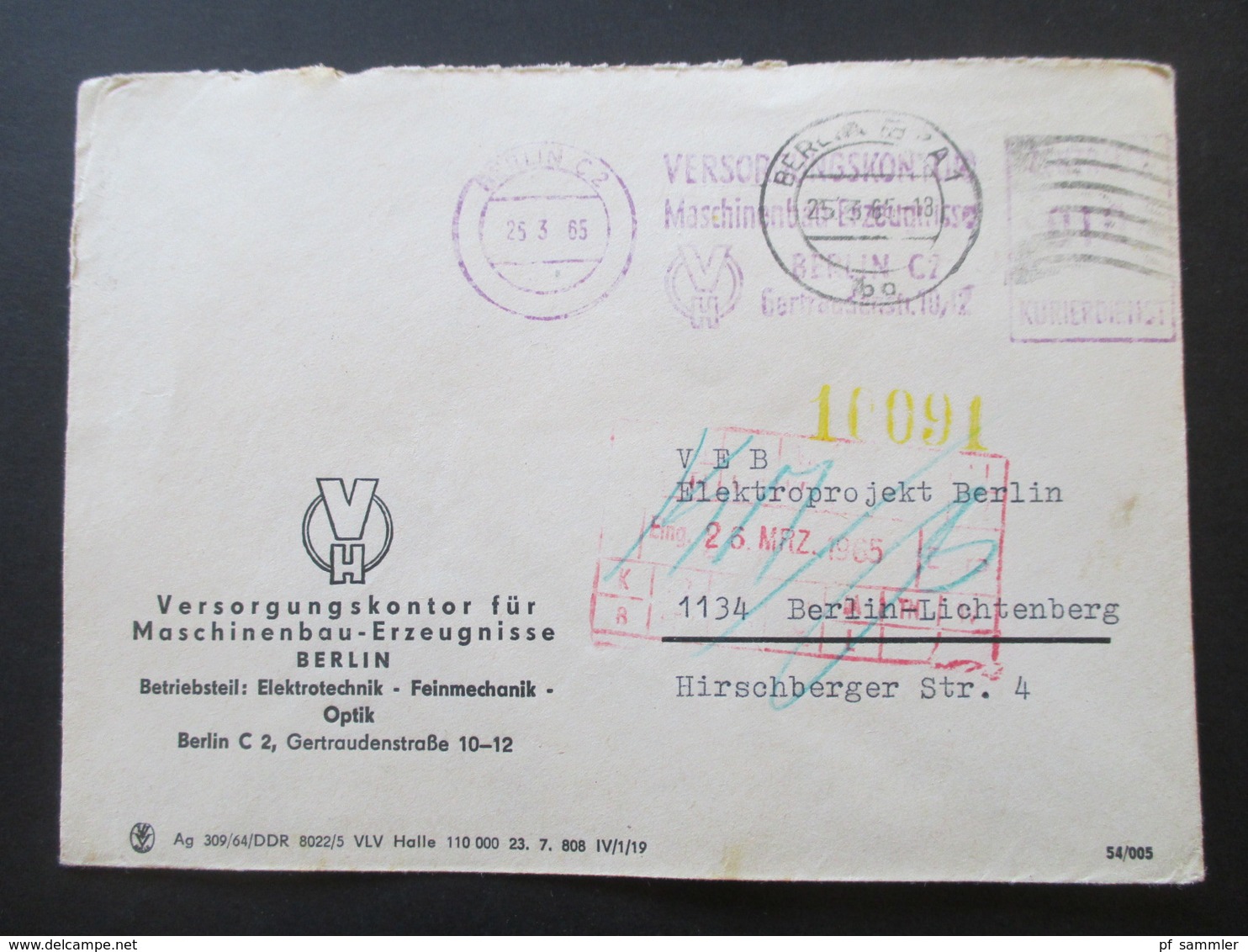 DDR 1965 ZKD Violetter Freistempel Versorgungskontor Maschinenbau Erzeugnisse Nach Berlin Lichtenberg Mit Ank. Stempel - Briefe U. Dokumente