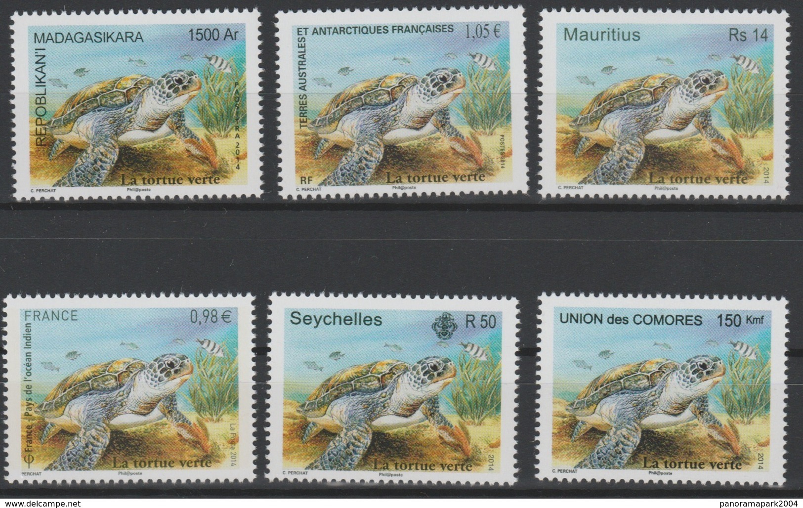 La Tortue Verte Green Turtle Schildkröte 2014 Joint Issue Faune Fauna Madagascar Seychelles France Comores MNH 6 Val. ** - Seychelles (1976-...)