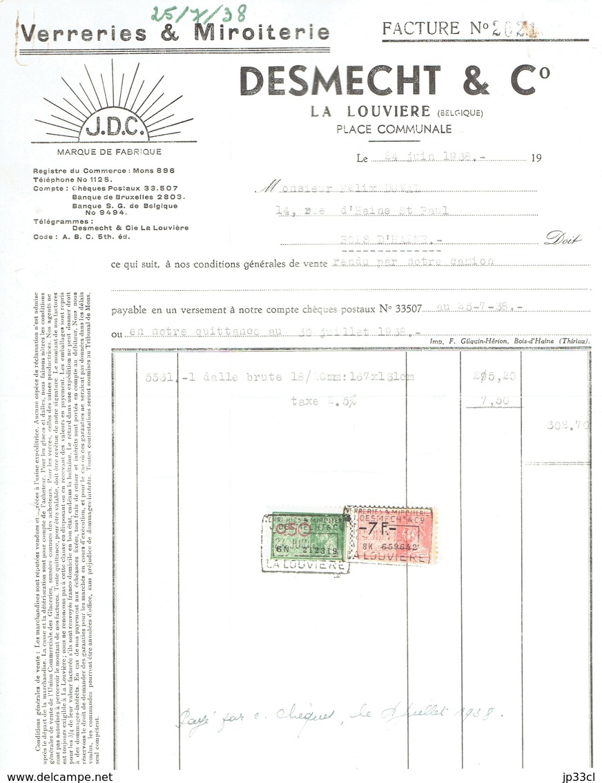 Ancienne Facture De Desmecht & Co, Verreries Et Miroiterie, Place Communale La Louvière (25/7/1938) - Other & Unclassified