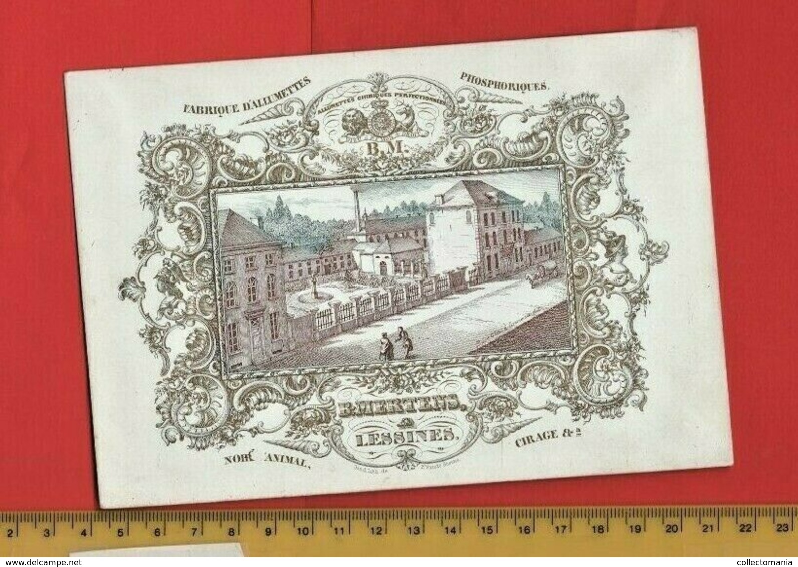 LESSINES C1845 Litho Porselaine Hand Press Visit Card PYROGENE Match Factory PHOSPHORIQUE  VG 17,2cm X  12 Cm - Porcelaine